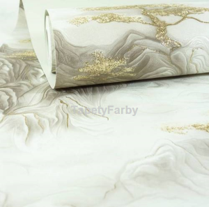 Tapeta DRZEWO drzewka w górach efekt 3D złoty brokat zmywalna winylowa