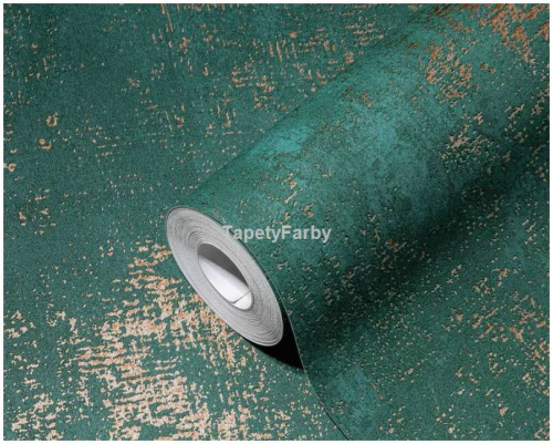 Tapeta ZIELONA jak tynk MIEDZIANE przetarcia flizelina