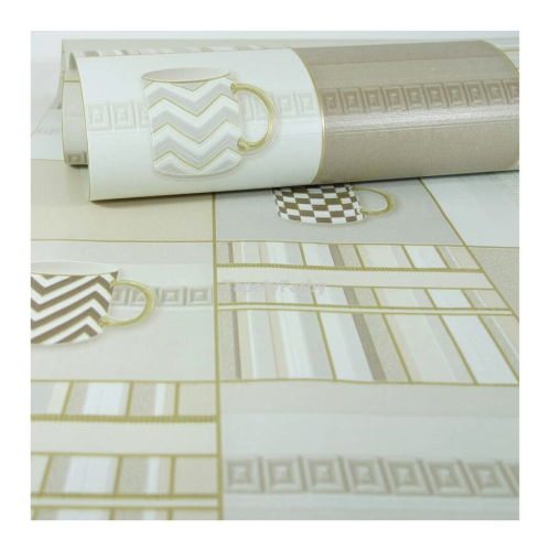 Tapeta do kuchni beżowa FILIŻANKI kafelki złota fuga winylowa zmywalna