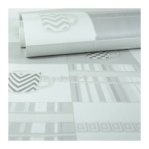 Tapeta do kuchni szara FILIŻANKI kafelki złota fuga winylowa zmywalna