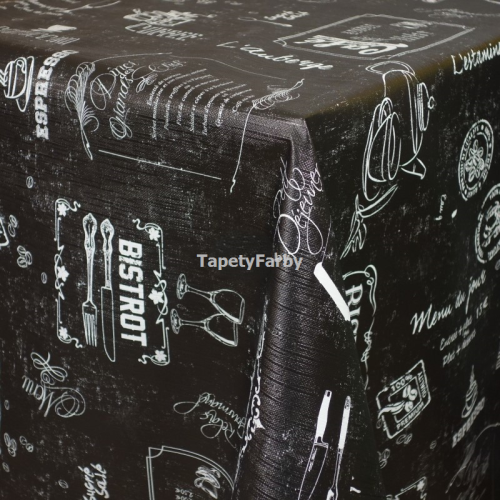 Cerata OBRUS CZARNY NAPISY jak kredą BISTRO prod polskiej na metry